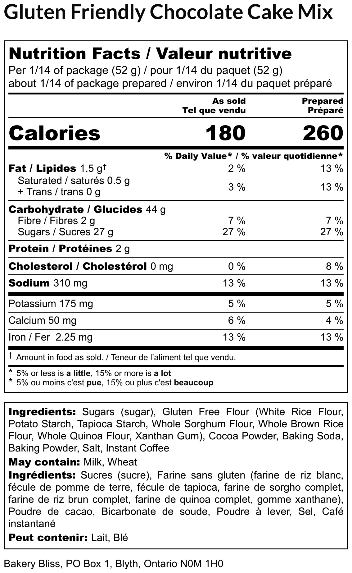 Nutrition facts label for Gluten Friendly Chocolate Cake Mix