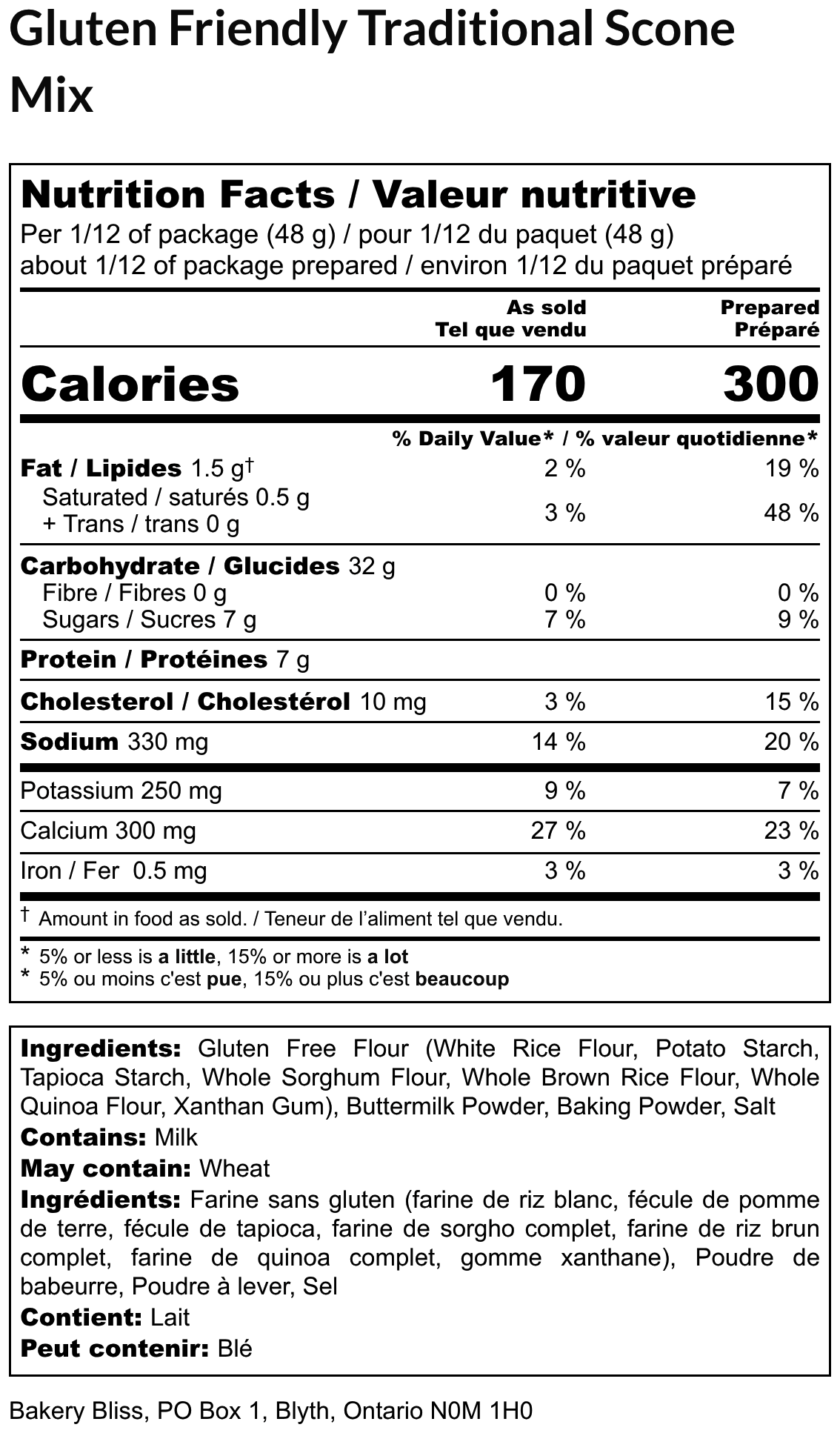Nutrition facts label for Gluten Friendly Traditional Scone Mix