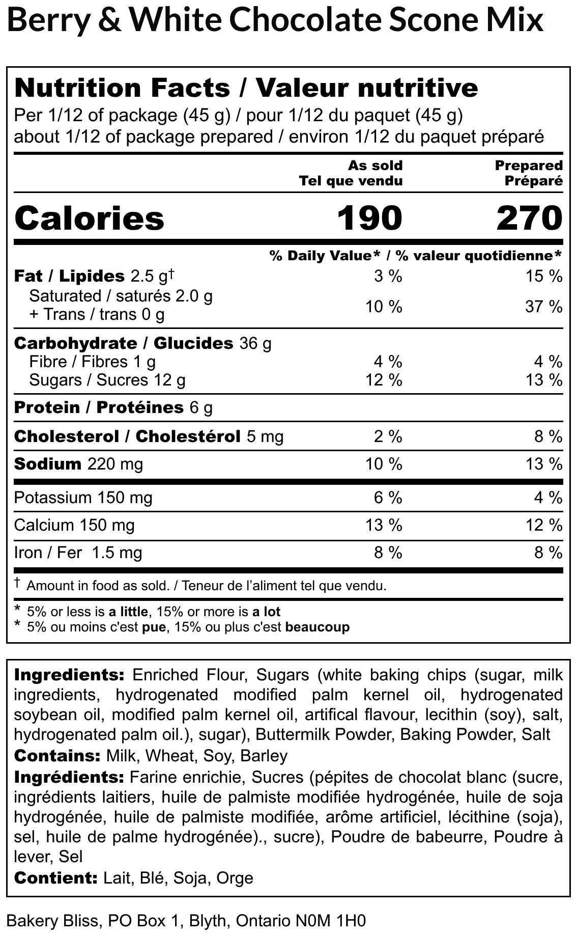 Nutrition facts label for Berry & White Chocolate Scone Mix