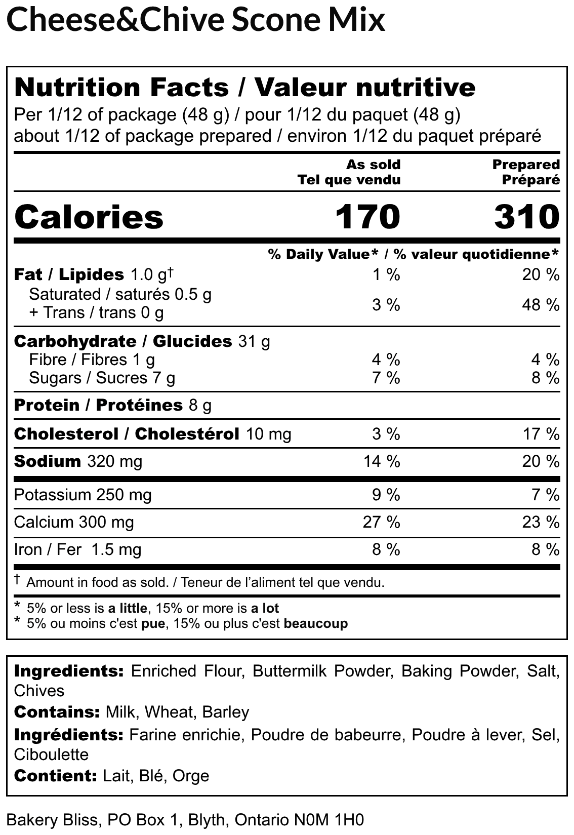 Nutrition facts label for Cheese & Chive Scone Mix