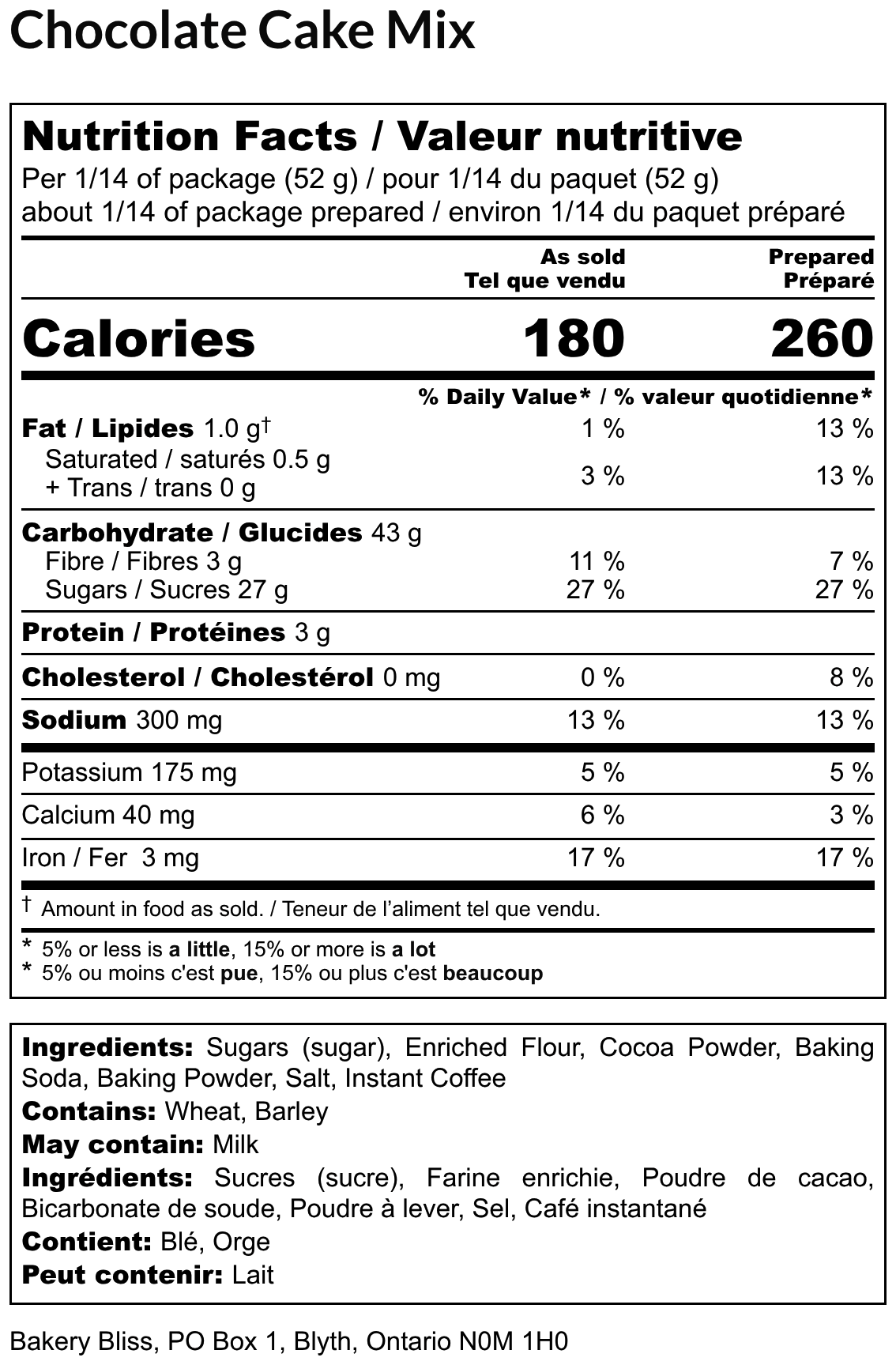 Nutrition facts label for a chocolate cake mix package