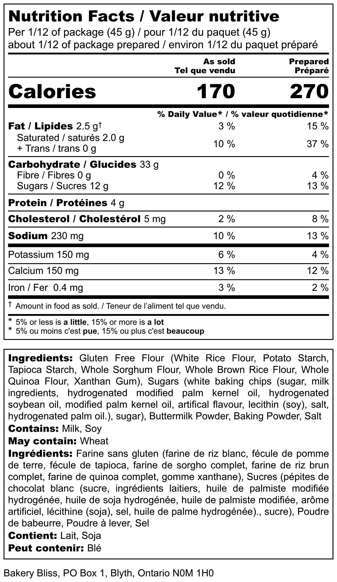Nutrition facts label for Gluten Friendly Berry & White Chocolate Scone Mix