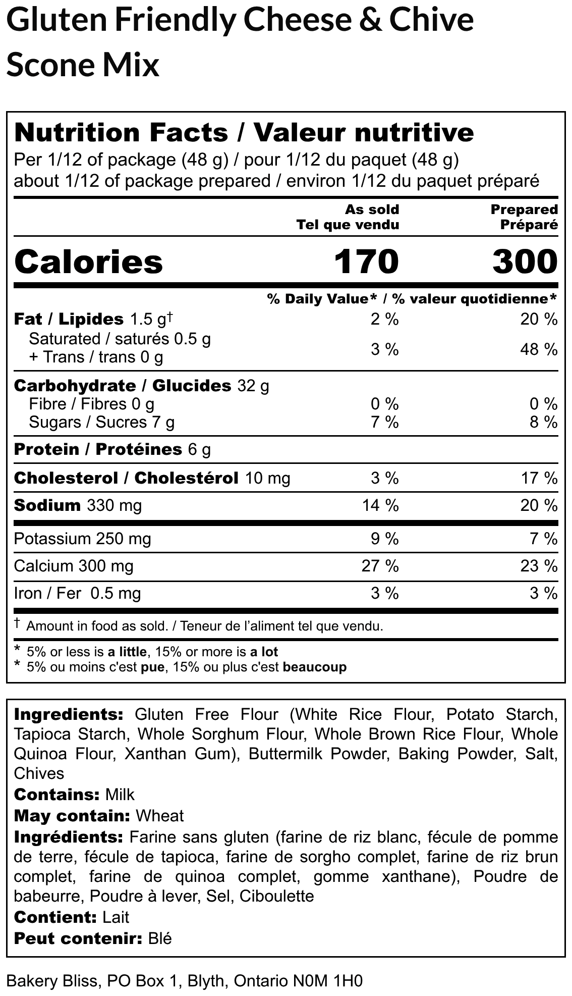 Nutrition facts label for Gluten Friendly Cheese & Chive Scone Mix