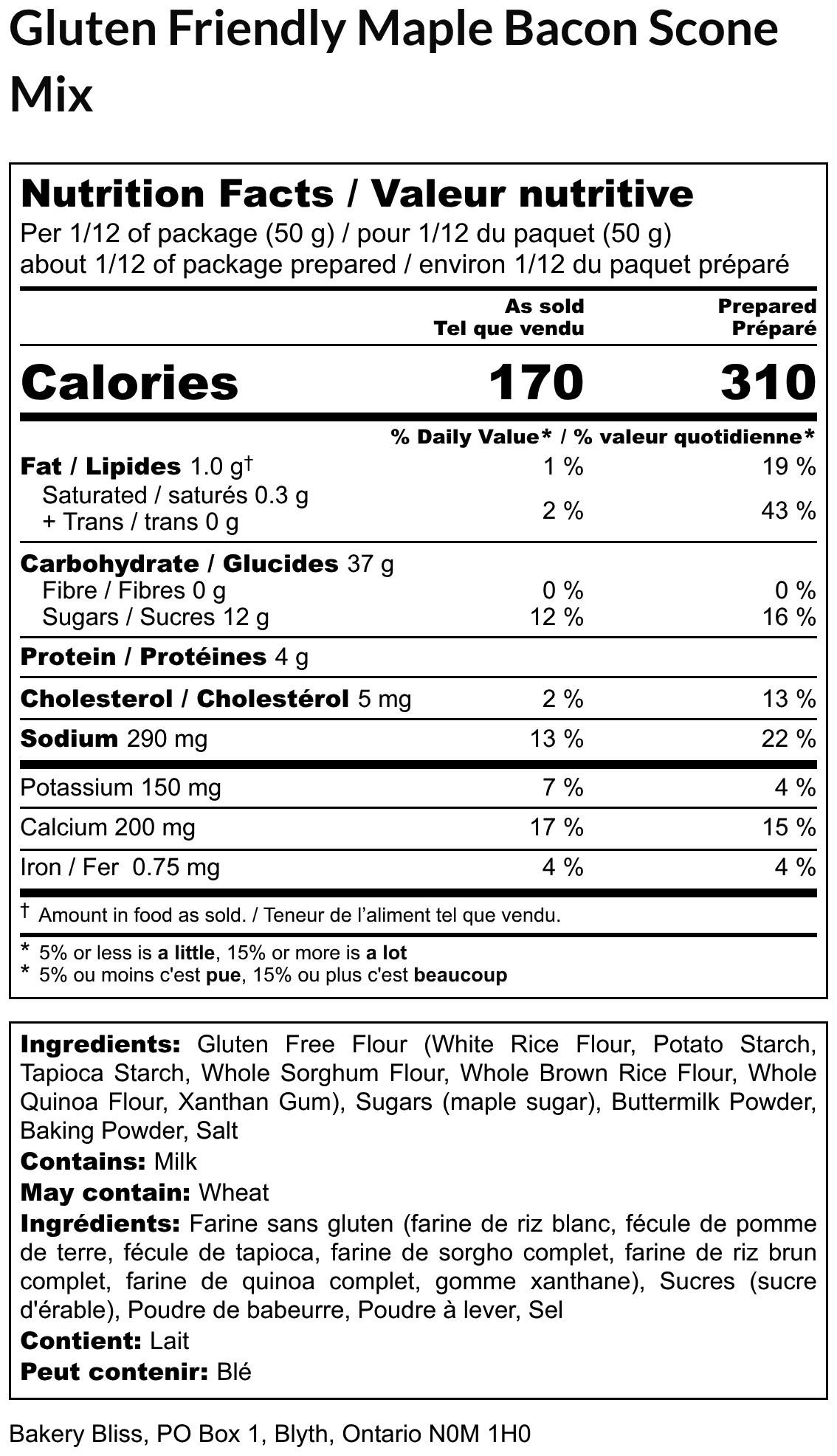 Nutrition facts label for Gluten Friendly Maple Bacon Scone Mix