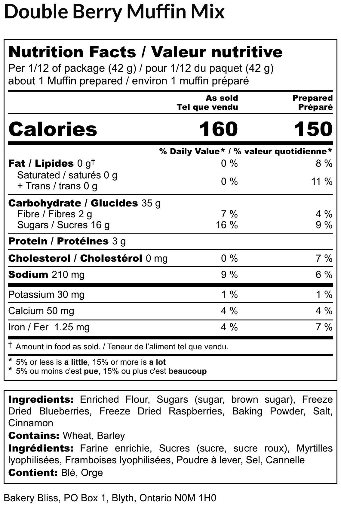 Nutrition facts label for Double Berry Muffin Mix with details on calories, ingredients, and nutritional values.