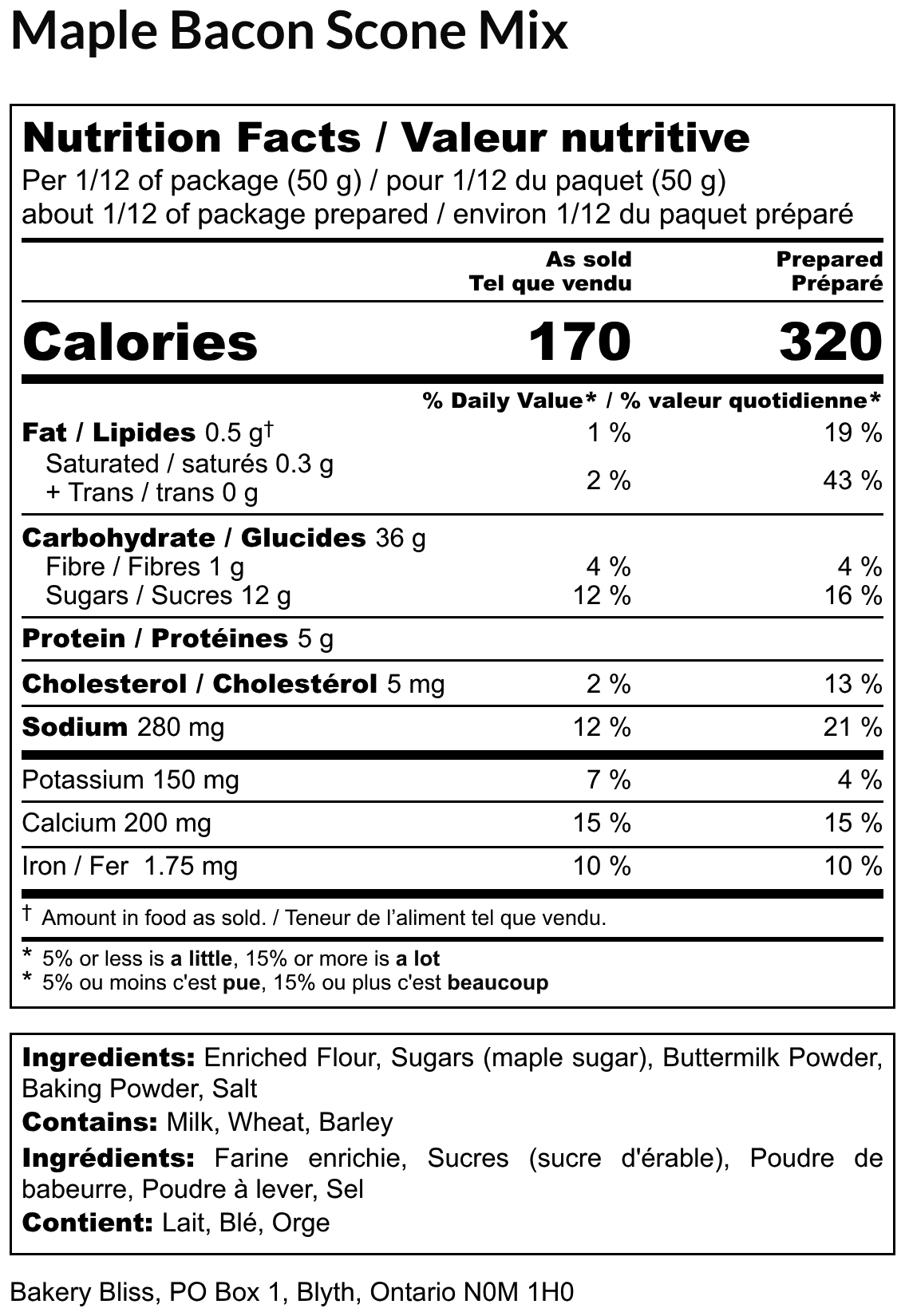 Nutrition facts label for Maple Bacon Scone Mix